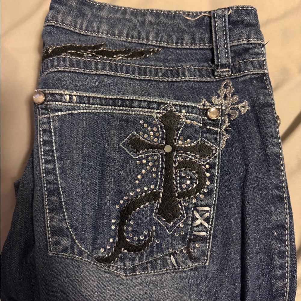 Stylish Blue Boot Cut Jeans with Black Accents